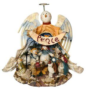 Christmas Holiday Snowmen Nativity Scene Paper Mache Angel Peace Figurine